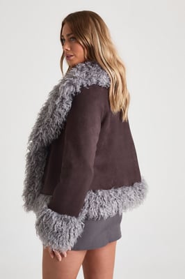 Faux Fur Trim Suede Look Coat