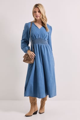 Shirred Waist Long Sleeve Denim Midi Dress