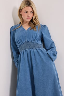 Shirred Waist Long Sleeve Denim Midi Dress