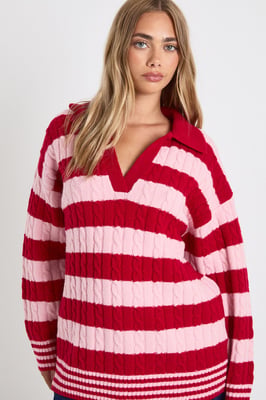 V Neck Collared Stripe Jumper