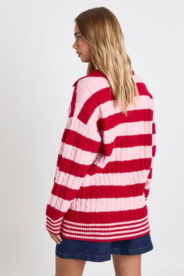 V Neck Collared Stripe Jumper