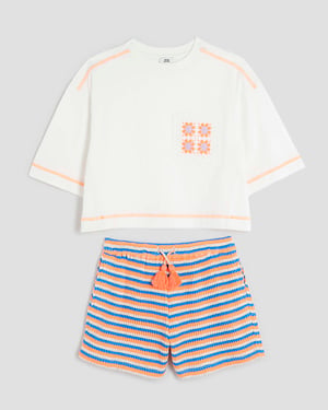 River Island Girls 2 Piece Set White Stripe Crochet Pocket Top & Shorts
