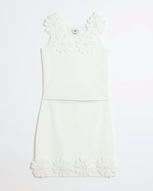 River Island Girls 2 Piece Set White 3D Floral Skirt & Top