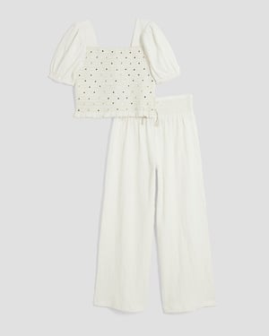 River Island Girls 2 Piece Set White Lurex Shirred Crop Top Trousers