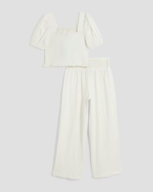River Island Girls 2 Piece Set White Lurex Shirred Crop Top Trousers