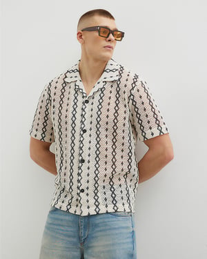 River Island Mens Shirt Cream Regular Fit Crochet Zig Zag