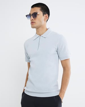 River Island Mens Polo Shirt Blue Muscle Fit Textured Tipped