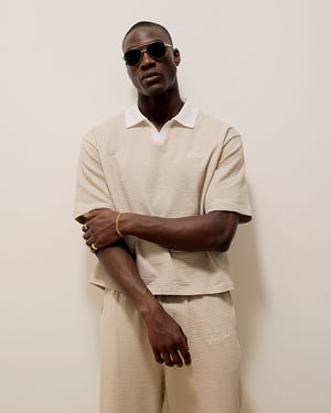 River Island Mens Polo Shirt Beige Boxy Fit Textured Open Neck