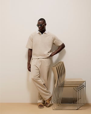 River Island Mens Polo Shirt Beige Boxy Fit Textured Open Neck