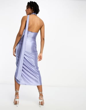 ASOS DESIGN Tall – Skifferblå midiklänning i satin med en axel och knytband
