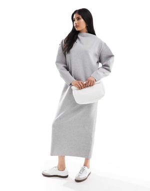 ASOS DESIGN – Grå midiklänning med svängd båtringning och långa ärmar