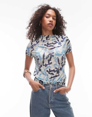 Topshop – Blå t-shirt med krinklad rosett