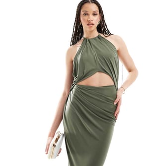 ASOS DESIGN Tall – Mjukt khakifärgad midiklänning med halterneck och rynka detaljer i mitten