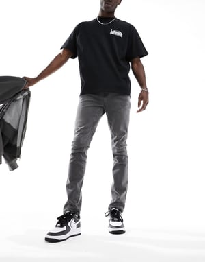 ONLY & SONS – Grå tvättade Warp-jeans med skinny fit