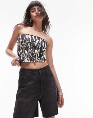 Topshop – Marinblå bandeau-klänning med blandat djurmönster