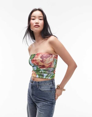 Topshop – Multifärgad bandeau-klänning med målade blommiga detaljer