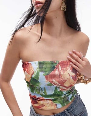 Topshop – Multifärgad bandeau-klänning med målade blommiga detaljer