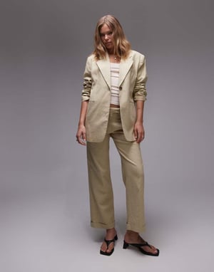 Topshop – Sandfärgade, lågt slängda linnebyxor med vida ben