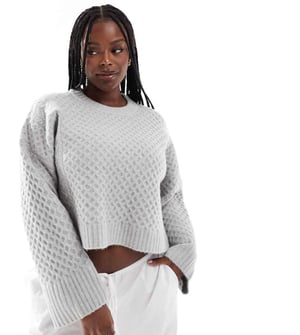 ASOS DESIGN Curve crew neck cable jumper with wide cuff in grey