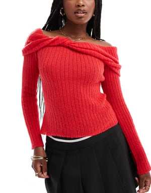 In The Style knitted bardot twist jumper in red