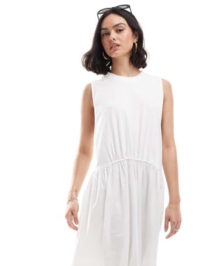 ASOS DESIGN – Vit, ribbad maxiklänning med linne och poplin-broderad kjol i nederkant