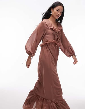 Topshop long sleeve maxi dress with pintuck detail in spice