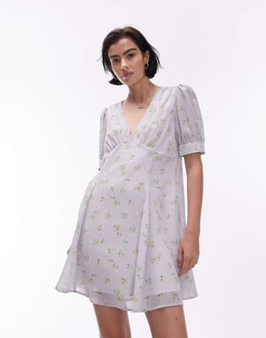 Topshop – Blommig miniklänning i vintagestil med rund halsringning, tvättad blå och blommig