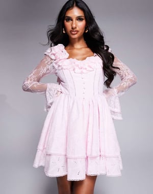 ASOS LUXE broderad corset-lace ärm mini skaterklänning i rosa
