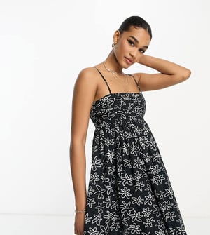 ASOS DESIGN Tall – Miniklänning i bomull med plisserad byst och enfärgat blommönster