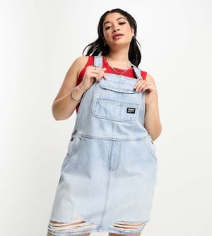 Dr Denim Plus – Blå miniklänning i denim med hängselbyxor