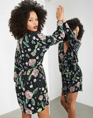 ASOS EDITION – Svart, blommig miniklänning med paljetter och omlottmönster