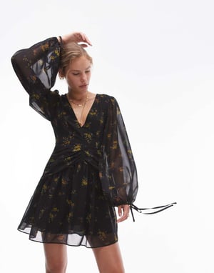 Topshop – Svart och gult blommigt miniklänning med rynkad midja och v-ringning