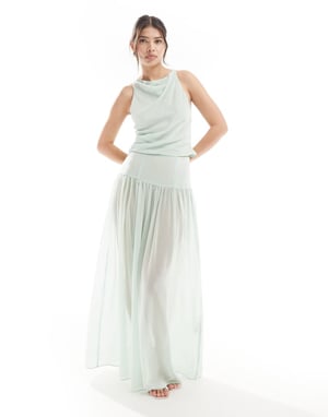 ASOS DESIGN sheer drapey chiffon maxi skirt co-ord in sage green