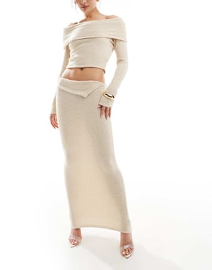 Simmi fluffy knit foldover maxi skirt co-ord in beige