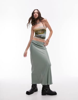 Topshop – Havsgrön maxikjol i satin med bias och resår i midjan