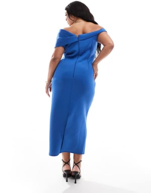 ASOS DESIGN Curve – Blå midiklänning i scuba-modell med bara axlar och veck i bysten