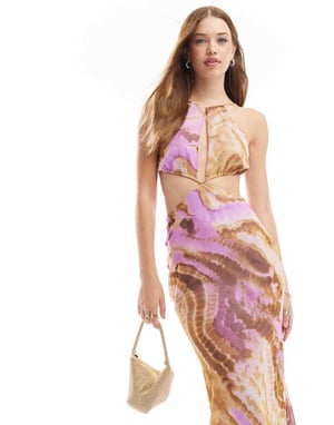 ASOS DESIGN halter cut out midaxi dress with satin bodice in abstract print