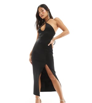 ASOS DESIGN Petite – Svart midiklänning med halterneck och utskuren passform i scuba-stil