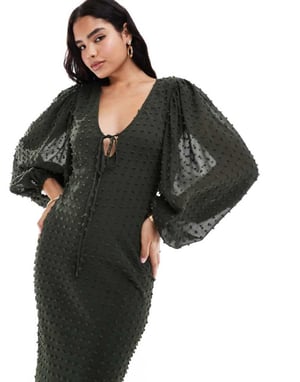 ASOS DESIGN – Mörkgrön midiklänning med ballongärmar och dobbymönster