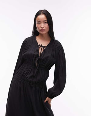 Topshop gathered bust midi dress in charcoal cupro