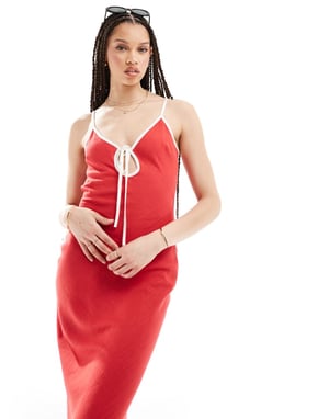 ASOS DESIGN – Röd tall linneklänning med kontrasterande kantband