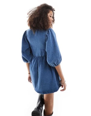 ASOS DESIGN denim puff sleeve mini dress in light blue