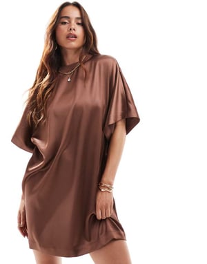 ASOS DESIGN satin oversized mini tshirt dress in tan