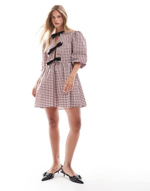 ASOS DESIGN poplin tie front mini dress in brown gingham