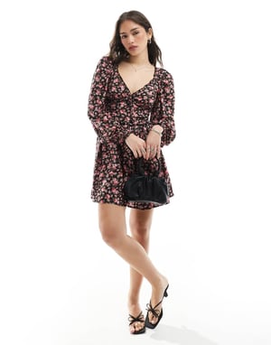 Miss Selfridge ruffle tie front mini tea dress in rose print