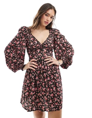 Miss Selfridge ruffle tie front mini tea dress in rose print