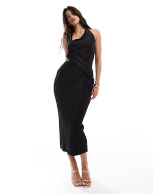 ASOS DESIGN – Svart plisserad midiklänning med omlottringning