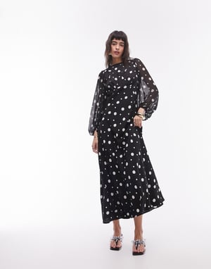 Topshop – Prickig midiklänning med rynkad byst och jacquardmönster