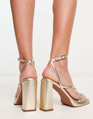 ASOS DESIGN Wide Fit Nashville strappy platform block heeled sandals in gold