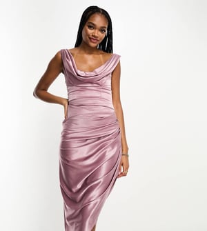 ASOS DESIGN – Tall – Draperad midiklänning med korsett och drapering i dammig orkidéfärg